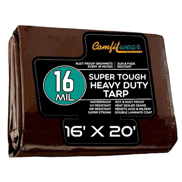 Comfitwear 16 MIL Extreme Heavy Duty Multi-Purpose Tarp Cover Rust Proof Waterproof Reinforced Edges Brown - ETBR-1620