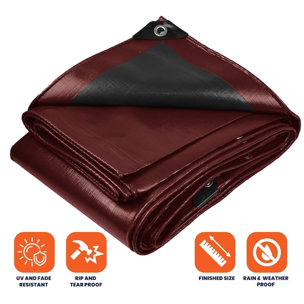 Tarpco Safety Heavy Duty Tarp, 20 ft x 40 ft, 14 Mil, Maroon, Polyethylene, Waterproof, Rip and Tear Proof - TS-107-20X40