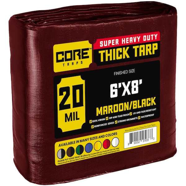 Core Tarps Heavy Duty Tarp, 6 ft x 8 ft, 20 Mil, Maroon, Polyethylene - CT-707-6X8