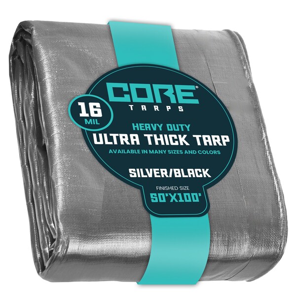 Core Tarps Heavy Duty Tarp, 100 ft L x 0.5 mm H x 50 ft W, 16 Mil, Silver/Black, Polyethylene - CT-301-50X100