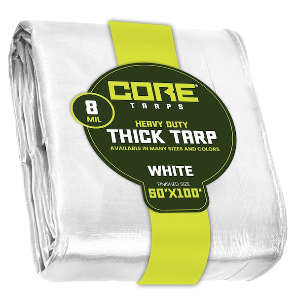 Core Tarps Heavy Duty Tarp, 100 ft L x 0.5 mm H x 50 ft W, 8 Mil, White, Polyethylene - CT-404-50X100