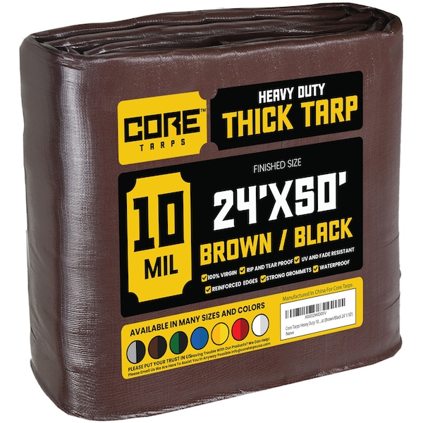Core Tarps Heavy Duty Tarp, 50 ft L x 0.5 mm H x 24 ft W, 10 Mil, Brown/Black, Polyethylene - CT-602-24X50