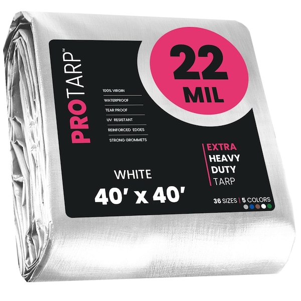 Protarp Heavy Duty Tarp, 40 ft x 40 ft, 22 Mil, White, Polyethylene, Waterproof, Rip and Tear Proof - PT-204-40X40