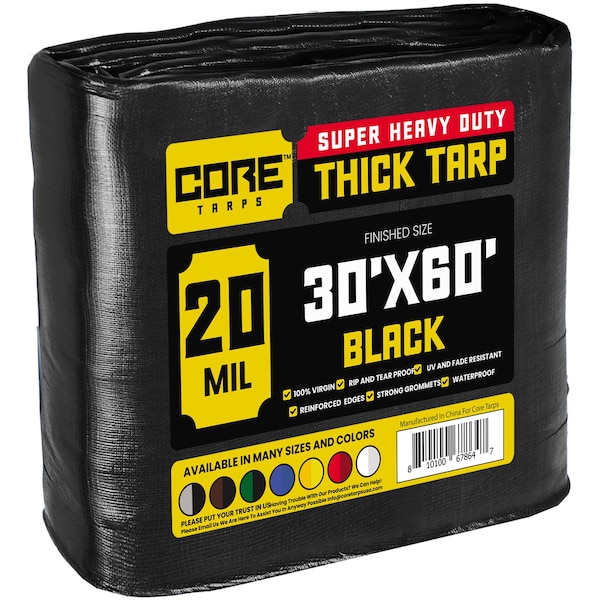 Core Tarps Heavy Duty Tarp, 30 ft x 60 ft, 20 Mil, Black, Polyethylene - CT-706-30X60