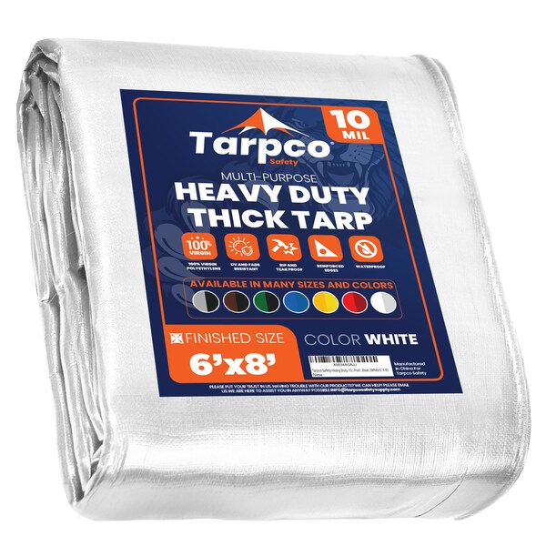 Tarpco Safety Heavy Duty Tarp, 8 ft L x 0.5 mm H x 6 ft W, 10 Mil, White, Polyethylene - TS-154-6X8