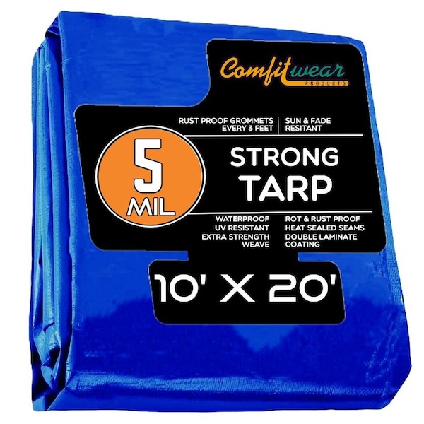Comfitwear 5 MIL Standard Strong Multi-Purpose Tarp Cover Rust Proof Waterproof Reinforced Edges, Blue - MT-1020