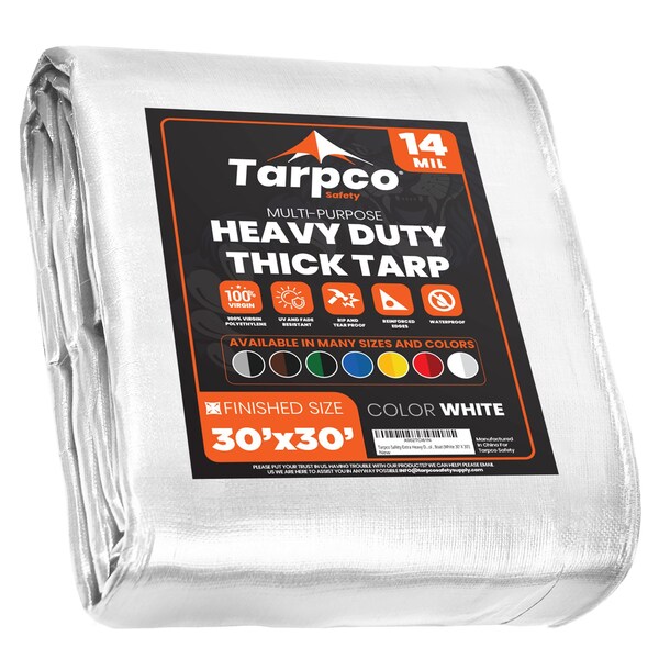 Tarpco Safety Heavy Duty Tarp, 30 ft x 0.5 mm H x 30 ft W, 14 Mil, White, Polyethylene - TS-104-30X30