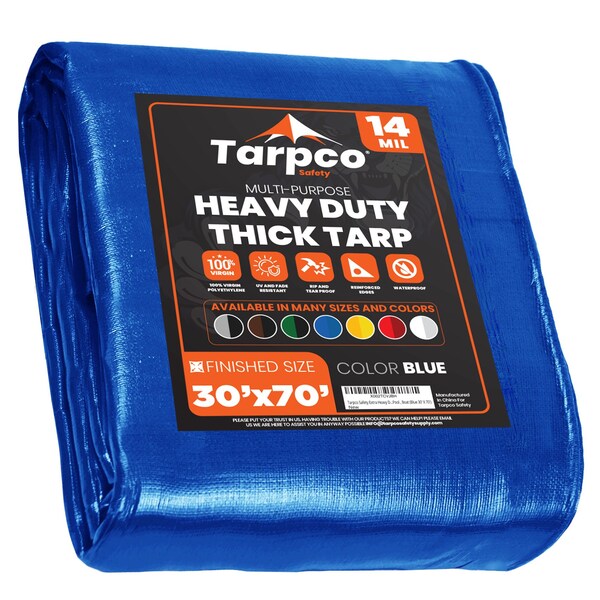 Tarpco Safety Heavy Duty Tarp, 70 ft L x 0.5 mm H x 30 ft W, 14 Mil, Blue, Polyethylene - TS-105-30X70