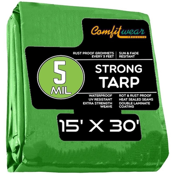Comfitwear 5 MIL Standard Strong Multi-Purpose Tarp Cover Rust Proof Waterproof Reinforced Edges, Green - MTG-1530