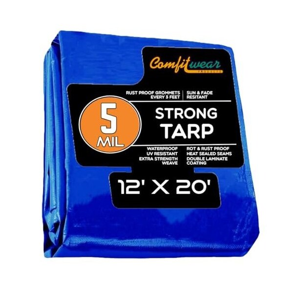 Comfitwear 5 MIL Standard Strong Multi-Purpose Tarp Cover Rust Proof Waterproof Reinforced Edges, Blue - MT-1220