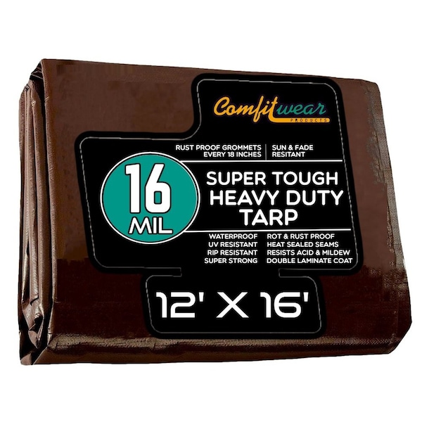 Comfitwear 16 MIL Extreme Heavy Duty Multi-Purpose Tarp Cover Rust Proof Waterproof Reinforced Edges Brown - ETBR-1216