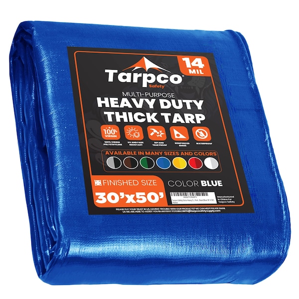 Tarpco Safety Heavy Duty Tarp, 50 ft L x 0.5 mm H x 30 ft W, 14 Mil, Blue, Polyethylene - TS-105-30X50