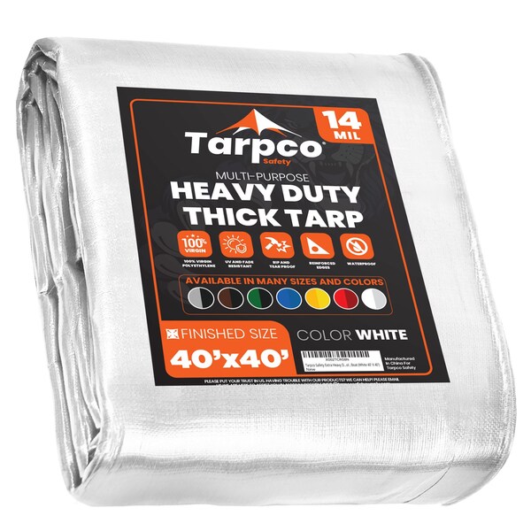 Tarpco Safety Heavy Duty Tarp, 40 ft L x 0.5 mm H x 40 ft W, 14 Mil, White, Polyethylene - TS-104-40X40