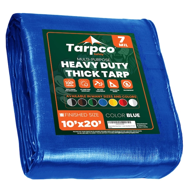 Tarpco Safety Heavy Duty Tarp, 20 ft L x 0.5 mm H x 10 ft W, 7 Mil, Blue, Polyethylene - TS-205-10X20