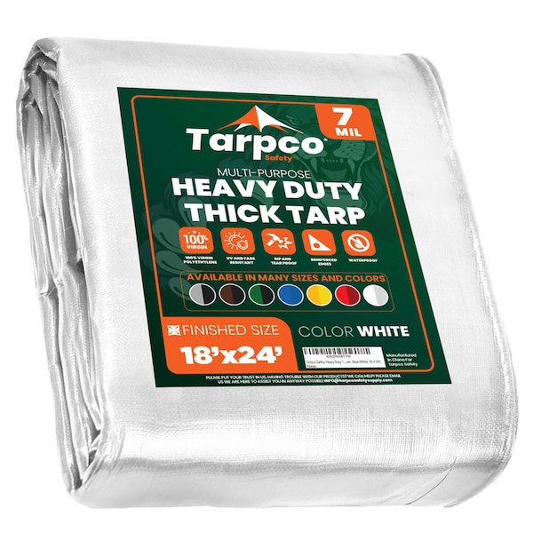 Tarpco Safety Heavy Duty Tarp, 24 ft L x 0.5 mm H x 18 ft W, 7 Mil, White, Polyethylene - TS-204-18X24