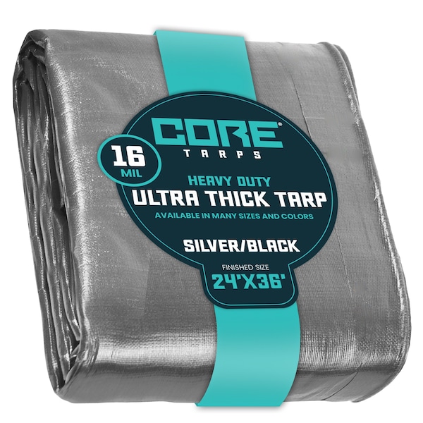 Core Tarps Heavy Duty Tarp, 36 ft L x 0.5 mm H x 24 ft W, 16 Mil, Silver/Black, Polyethylene - CT-301-24X36