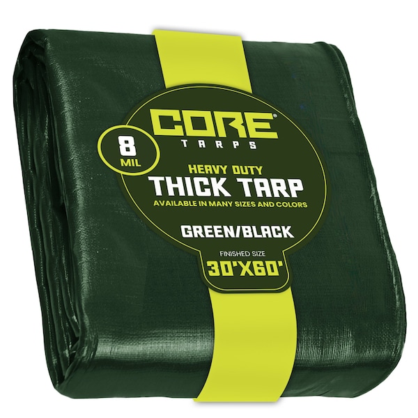 Core Tarps Heavy Duty Tarp, 60 ft L x 0.5 mm H x 30 ft W, 8 Mil, Green/Black, Polyethylene - CT-403-30X60