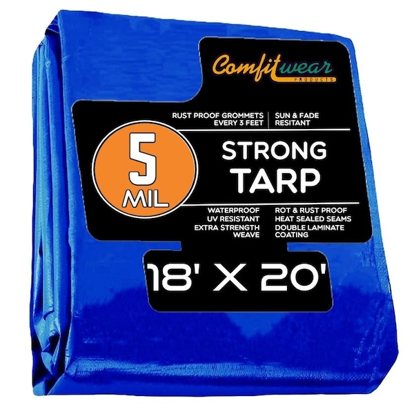 Comfitwear 5 MIL Standard Strong Multi-Purpose Tarp Cover Rust Proof Waterproof Reinforced Edges, Blue - MT-1820