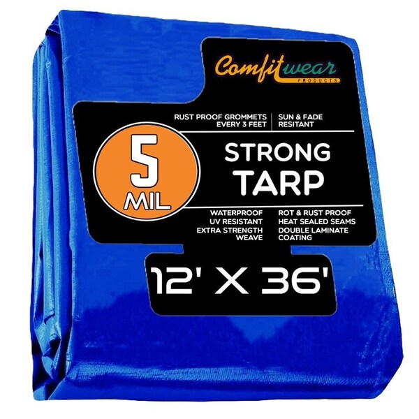 Comfitwear 5 MIL Standard Strong Multi-Purpose Tarp Cover Rust Proof Waterproof Reinforced Edges, Blue - MT-1236