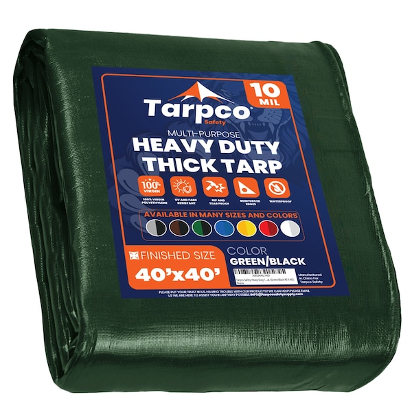 Tarpco Safety Heavy Duty Tarp, 40 ft L x 0.5 mm H x 40 ft W, 10 Mil, Green/Black, Polyethylene - TS-153-40X40