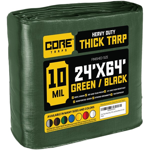 Core Tarps Heavy Duty Tarp, 64 ft L x 0.5 mm H x 24 ft W, 10 Mil, Green/Black, Polyethylene - CT-603-24X64