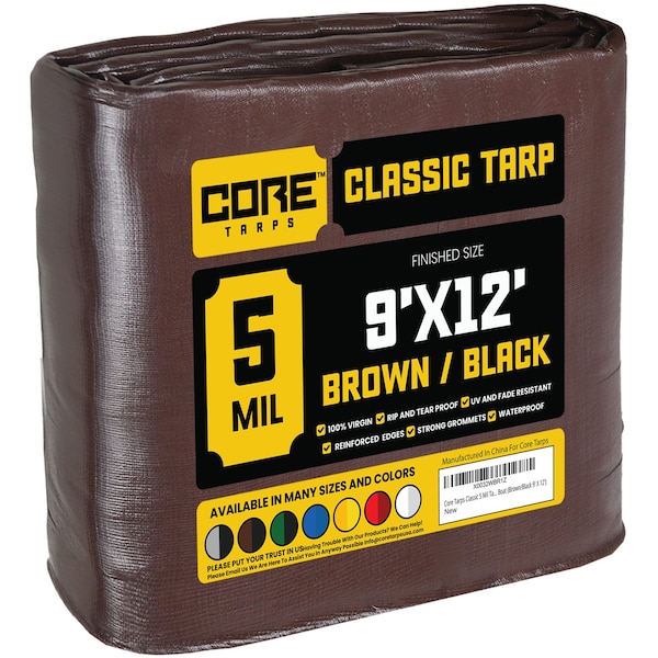 Core Tarps Heavy Duty Tarp, 12 ft L x 0.5 mm H x 9 ft W, 5 Mil, Brown/Black, Polyethylene - CT-502-9X12