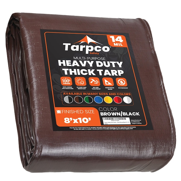 Tarpco Safety Heavy Duty Tarp, 10 ft L x 0.5 mm H x 8 ft W, 14 Mil, Brown/Black, Polyethylene - TS-102-8X10