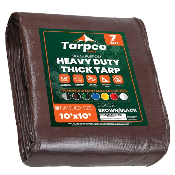 Tarpco Safety Heavy Duty Tarp, 10 ft L x 0.5 mm H x 10 ft W, 7 Mil, Brown/Black, Polyethylene - TS-202-10X10