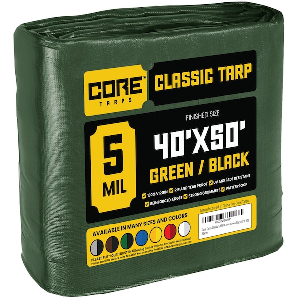 Core Tarps Tarp, 50 ft L x 0.5 mm H x 40 ft W, 5 Mil, Green/Black, Polyethylene - CT-503-40X50