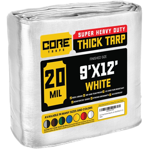 Core Tarps Heavy Duty Tarp, 12 ft L x 0.5 mm H x 9 ft W, 20 Mil, White, Polyethylene - CT-704-9X12