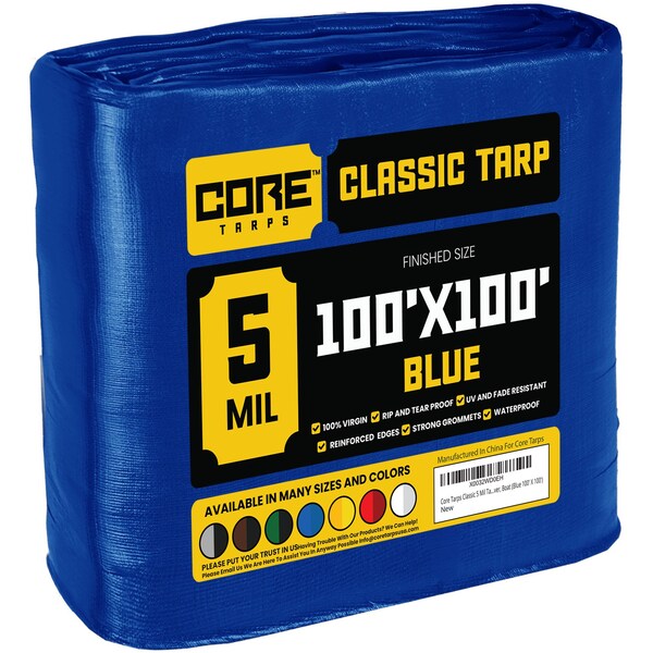 Core Tarps Tarp, 100 ft L x 0.5 mm H x 100 ft W, 5 Mil, Blue, Polyethylene - CT-505-100X100