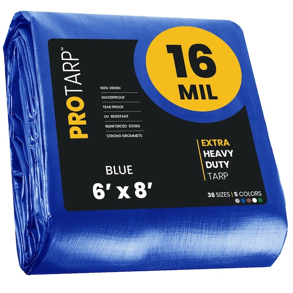 Protarp Heavy Duty Tarp, 6 ft x 8 ft, 16 Mil, Blue, Polyethylene, Waterproof, Rip and Tear Proof - PT-105-6X8