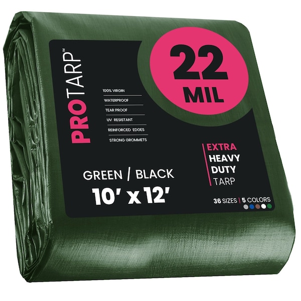 Protarp Heavy Duty Tarp, 10 ft x 12 ft, 22 Mil, Green/Black, Polyethylene, Waterproof, Rip and Tear Proof - PT-203-10X12