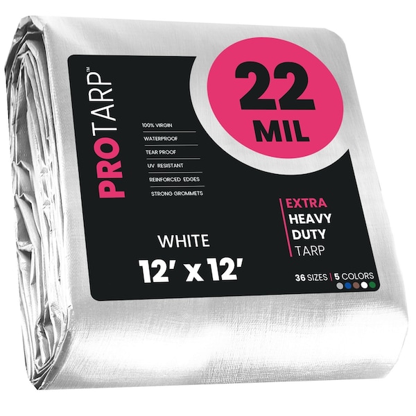 Protarp Heavy Duty Tarp, 12 ft x 12 ft, 22 Mil, White, Polyethylene, Waterproof, Rip and Tear Proof - PT-204-12X12