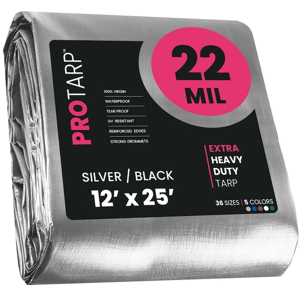 Protarp Heavy Duty Tarp, 12 ft x 25 ft, 22 Mil, Silver/Black, Polyethylene, Waterproof, Rip and Tear Proof - PT-201-12X25