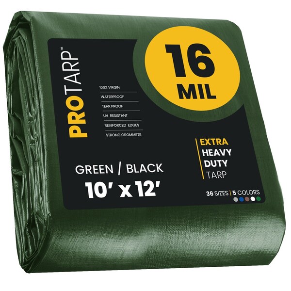 Protarp Heavy Duty Tarp, 10 ft x 12 ft, 16 Mil, Green/Black, Polyethylene, Waterproof, Rip and Tear Proof - PT-103-10X12