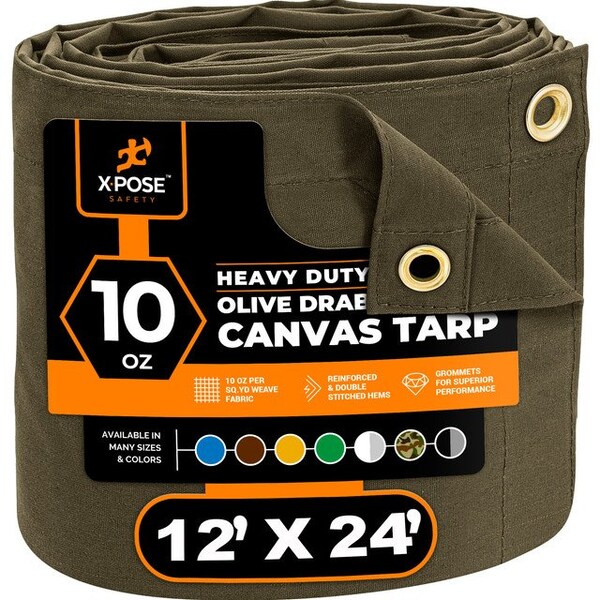 Xpose Safety Tarp, 12 ft x 24 ft, 10 oz, Olive Drab, Canvas - CTOD10-1224-X
