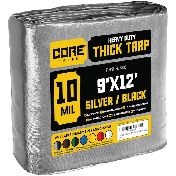 Core Tarps Heavy Duty Tarp, 12 ft L x 0.5 mm H x 9 ft W, 10 Mil, Silver/Black, Polyethylene - CT-601-9X12