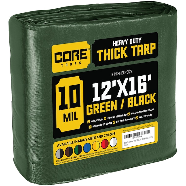 Core Tarps Heavy Duty Tarp, 16 ft L x 0.5 mm H x 12 ft W, 10 Mil, Green/Black, Polyethylene - CT-603-12X16