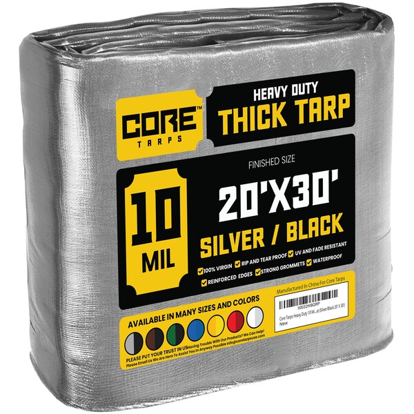 Core Tarps Heavy Duty Tarp, 30 ft x 0.5 mm H x 20 ft W, 10 Mil, Silver/Black, Polyethylene - CT-601-20X30