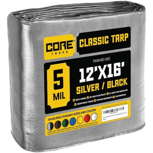 Core Tarps Heavy Duty Tarp, 16 ft L x 0.5 mm H x 12 ft W, 5 Mil, Silver/Black, Polyethylene - CT-501-12X16