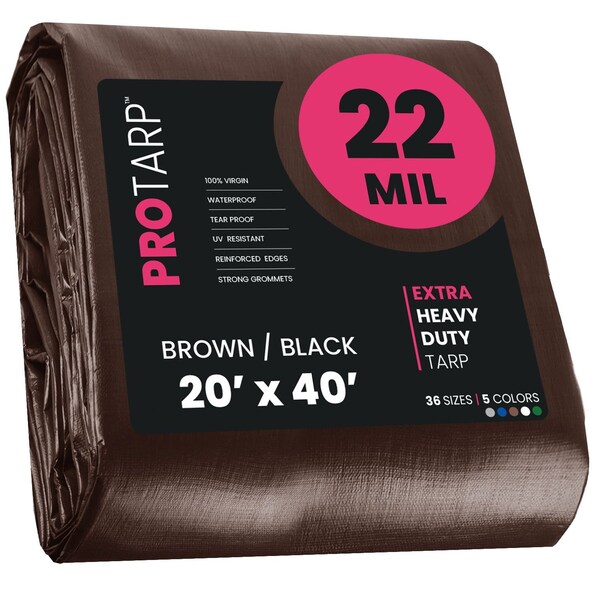 Protarp Heavy Duty Tarp, 20 ft x 40 ft, 22 Mil, Brown/Black, Polyethylene, Waterproof, Rip and Tear Proof - PT-202-20X40