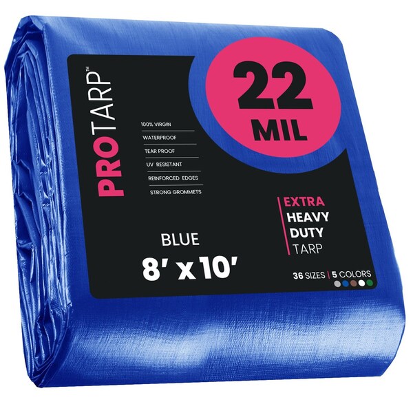 Protarp Heavy Duty Tarp, 8 ft x 10 ft, 22 Mil, Blue, Polyethylene, Waterproof, Rip and Tear Proof - PT-205-8X10