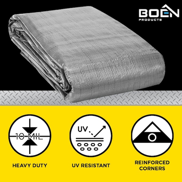 Boen Heavy Duty Tarp, 25 ft x 40 ft, 10Mil, Silver/Black, Polyethylene (PE) - ST-2540