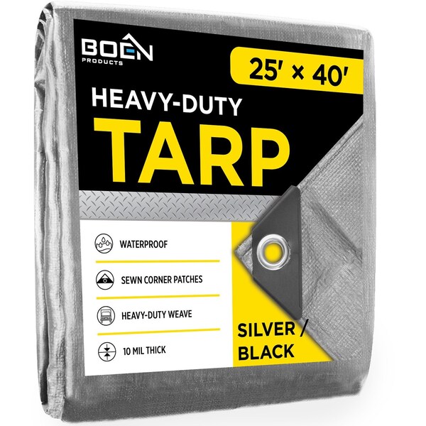 Boen Heavy Duty Tarp, 25 ft x 40 ft, 10Mil, Silver/Black, Polyethylene (PE) - ST-2540