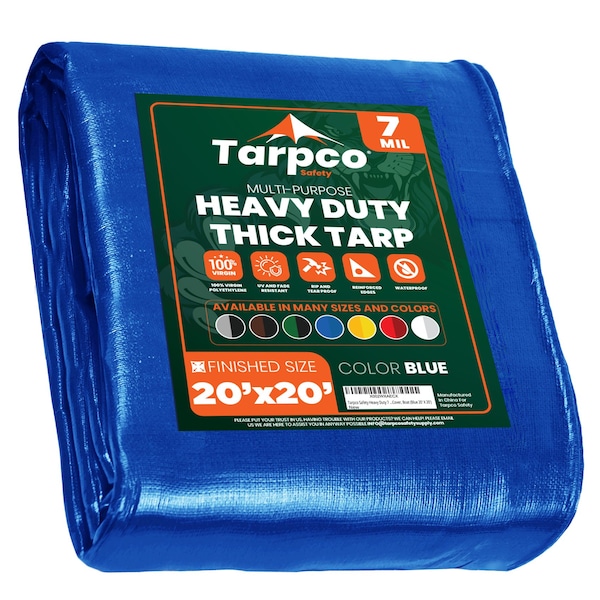 Tarpco Safety Heavy Duty Tarp, 20 ft L x 0.5 mm H x 20 ft W, 7 Mil, Blue, Polyethylene - TS-205-20X20