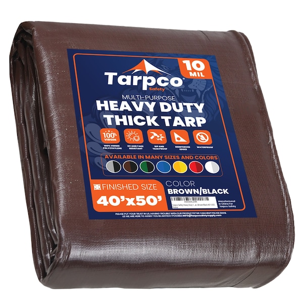 Tarpco Safety Heavy Duty Tarp, 50 ft L x 0.5 mm H x 40 ft W, 10 Mil, Brown/Black, Polyethylene - TS-152-40X50
