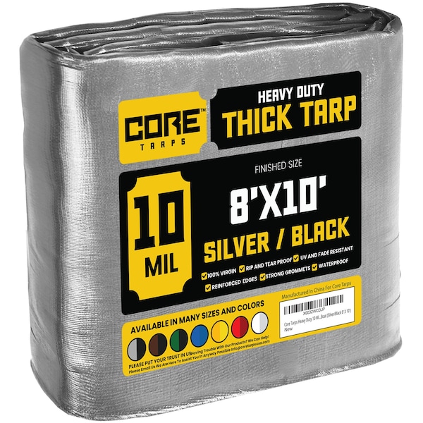 Core Tarps Heavy Duty Tarp, 10 ft L x 0.5 mm H x 8 ft W, 10 Mil, Silver/Black, Polyethylene - CT-601-8X10