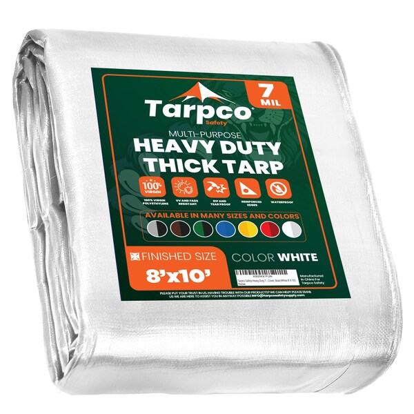 Tarpco Safety Heavy Duty Tarp, 10 ft L x 0.5 mm H x 8 ft W, 7 Mil, White, Polyethylene - TS-204-8X10