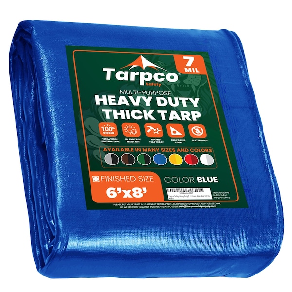 Tarpco Safety Heavy Duty Tarp, 8 ft L x 0.5 mm H x 6 ft W, 7 Mil, Blue, Polyethylene - TS-205-6X8